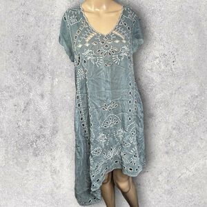 Johnny Was Boho Embroidered Teal Green Blue Eyelet Midi Dress Size XS Asymmetric